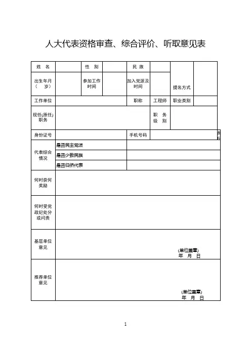人大代表资格审查、综合评价、听取意见表