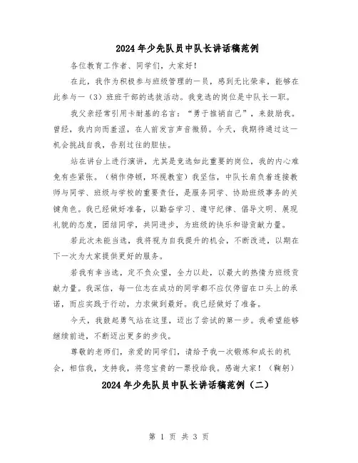 2024年少先队员中队长讲话稿范例（二篇）