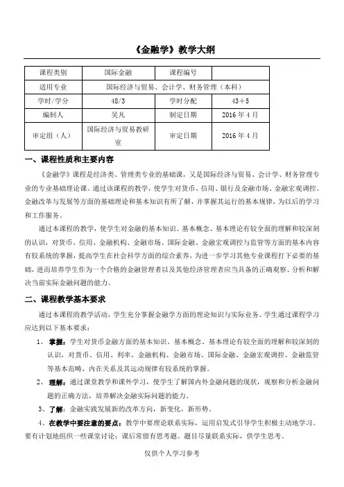 《金融学》教学大纲(本)