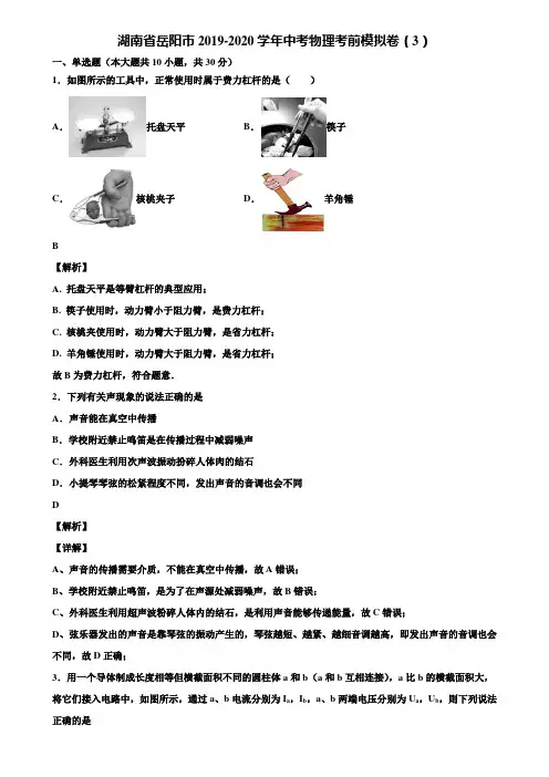 湖南省岳阳市2019-2020学年中考物理考前模拟卷(3)含解析
