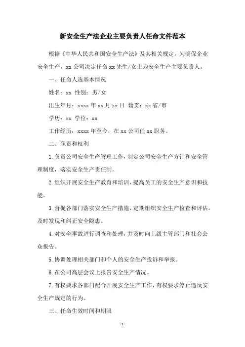 新安全生产法企业主要负责人任命文件范本