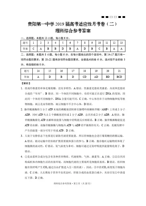 贵阳第一中学2019届高考适应性月考卷(二)理综-答案