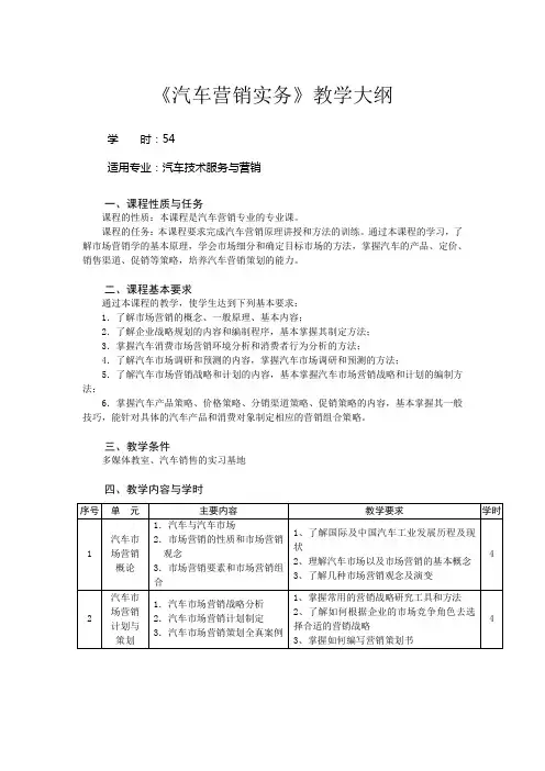 汽车营销实务教学大纲