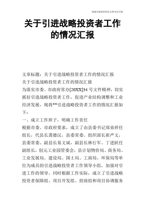 关于引进战略投资者工作的情况汇报