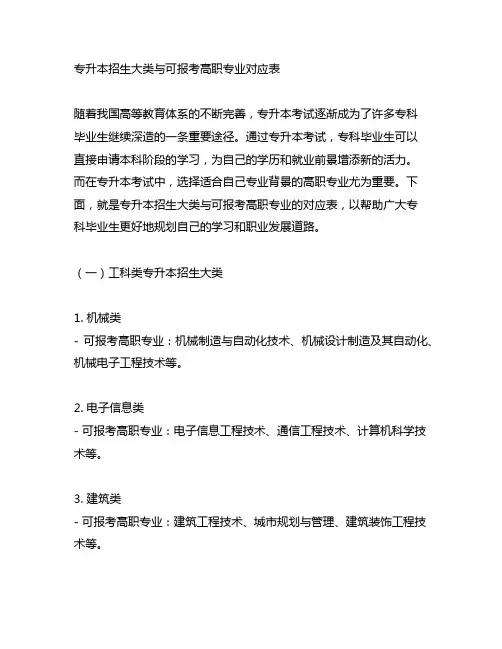 专升本招生大类与可报考高职专业对应表