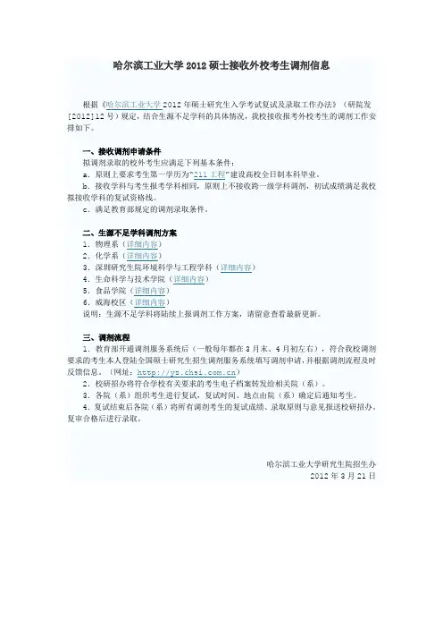 哈尔滨工业大学2012硕士接收外校考生调剂信息