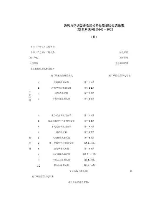 通风与空调设备安装检验批质量验收记录表