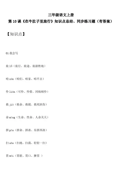 三年级语文上册 第10课《在牛肚子里旅行》知识点总结、同步练习题(有答案)