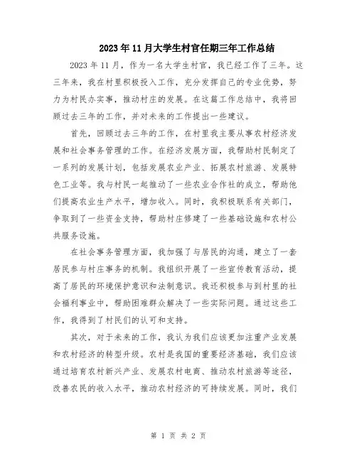 2023年11月大学生村官任期三年工作总结