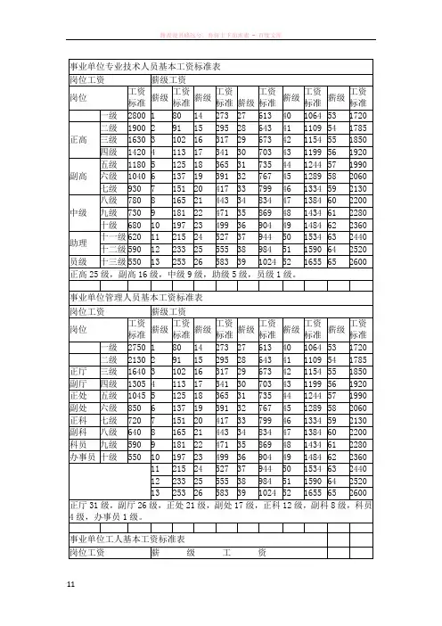 事业单位专业技术人员基本工资标准表