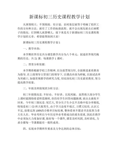 新课标初三历史课程教学计划