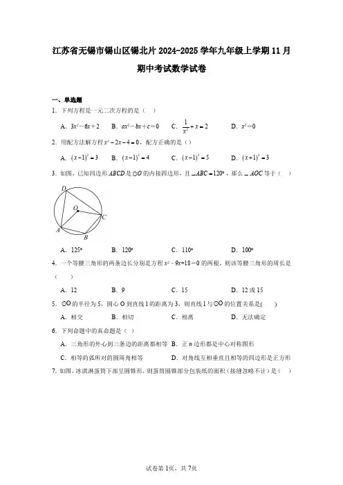 江苏省无锡市锡山区锡北片2024-2025学年九年级上学期11月期中考试数学试卷