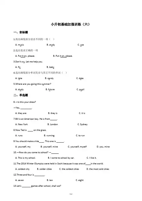 小升初基础加强训练（六） 六年级下册英语试题（北京课改版 2014秋 含答案）