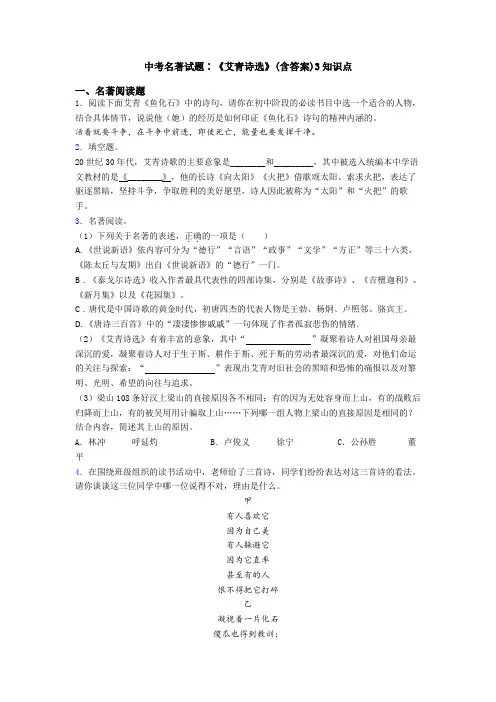 中考名著试题∶《艾青诗选》(含答案)3知识点