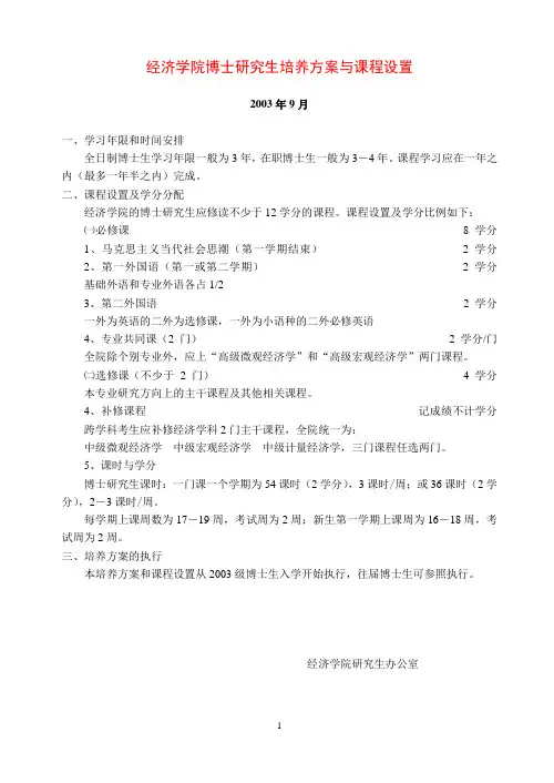 经济学院博士研究生培养方案与课程设置