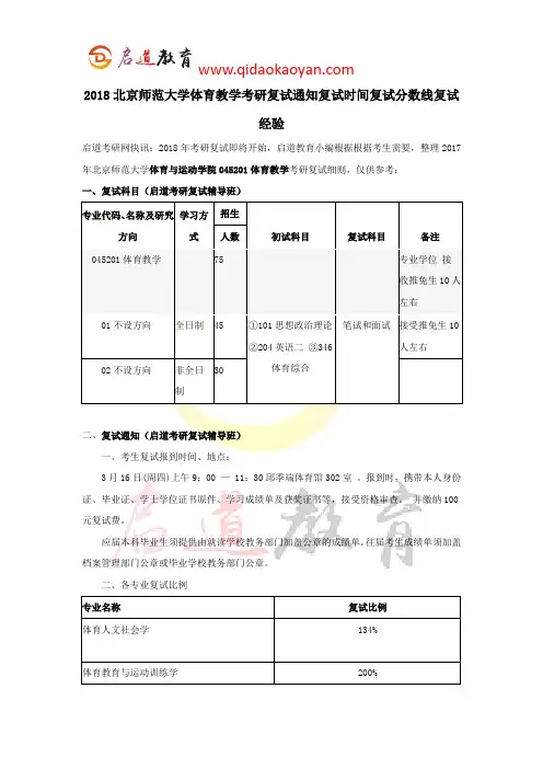 2018北京师范大学体育教学考研复试通知复试时间复试分数线复试经验