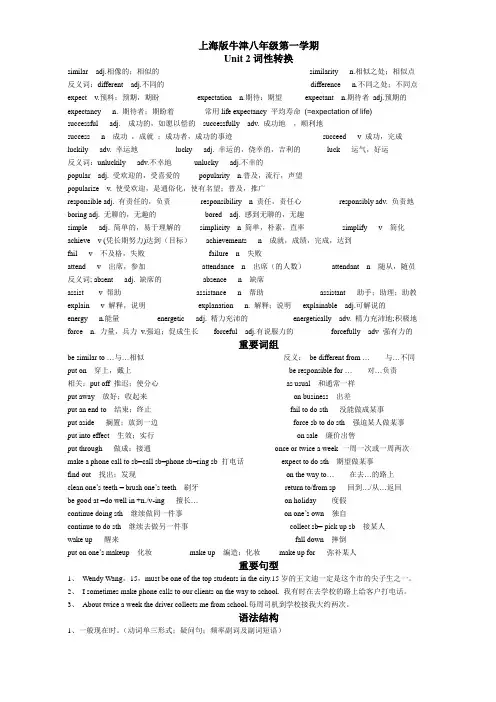 上海版牛津八年级第一学期 unit 2 词性转换,重点短语,重点句型