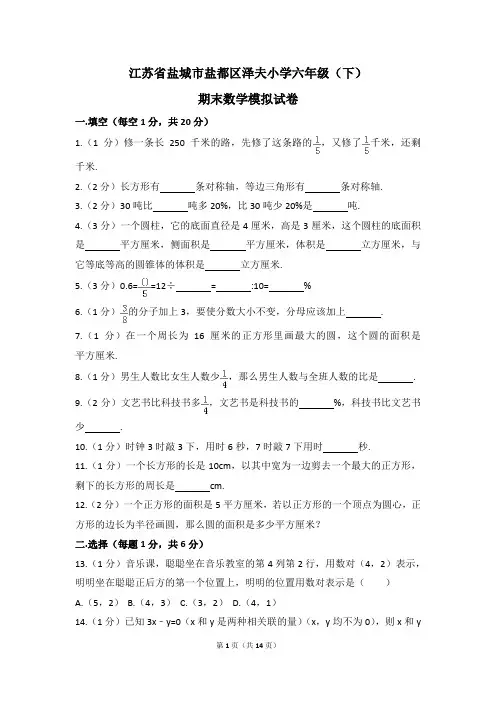 江苏省盐城市盐都区六年级(下)期末数学模拟试卷(含解析)