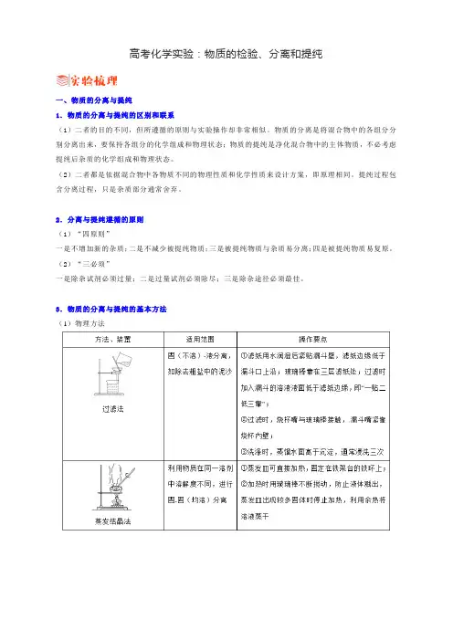高考化学实验：物质的检验、分离和提纯