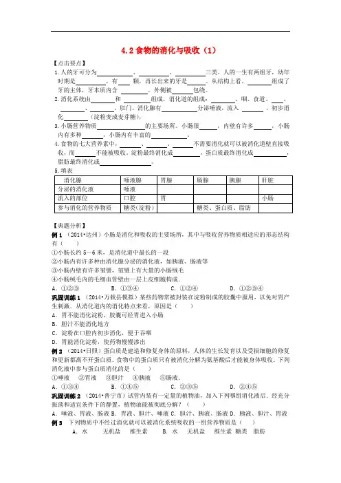九年级科学上册 4.2《食物的消化与吸收》练习题1 浙教版