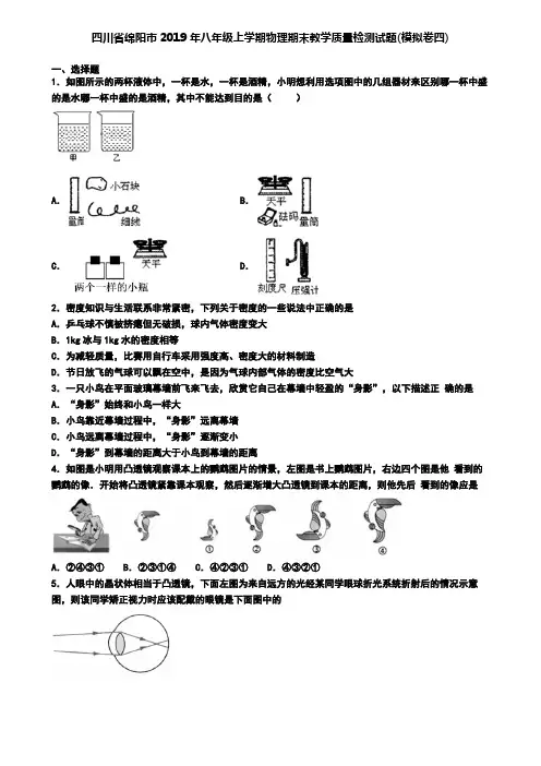 四川省绵阳市2019年八年级上学期物理期末教学质量检测试题(模拟卷四)