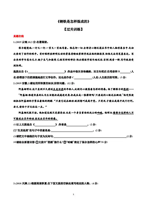 《钢铁是怎样炼成的》(真题模拟题汇编)  年中考名著阅读“讲练”复习