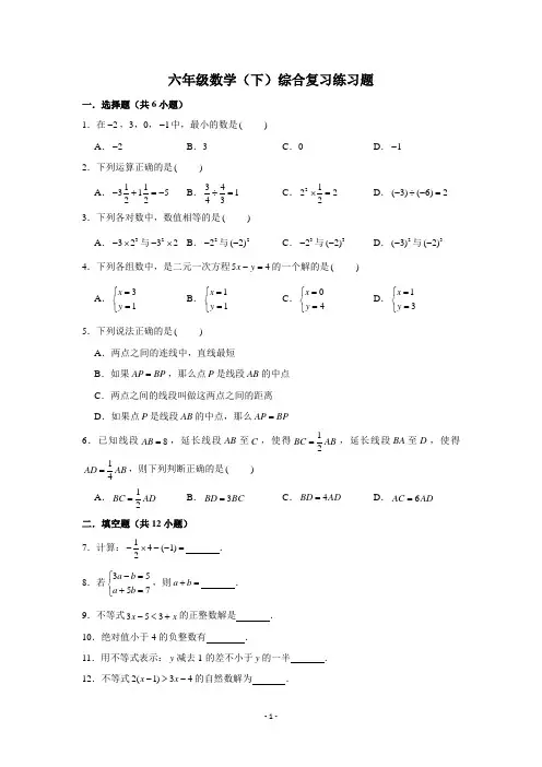 上海市沪教版六年级数学(下)综合复习练习题 含解析