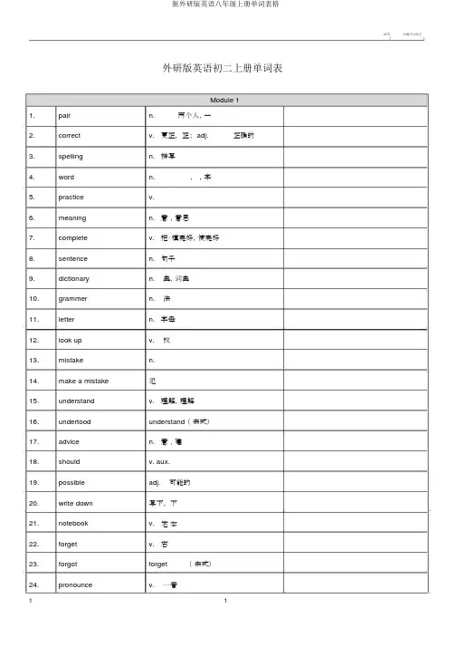 新外研版英语八年级上册单词表格