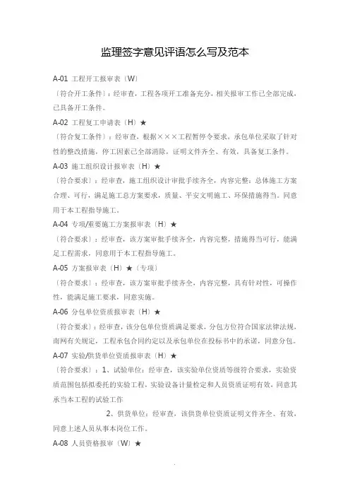 工程监理签字意见评语怎么写及范本格式