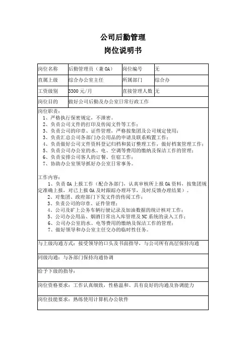 后勤管理员岗位说明书(1)