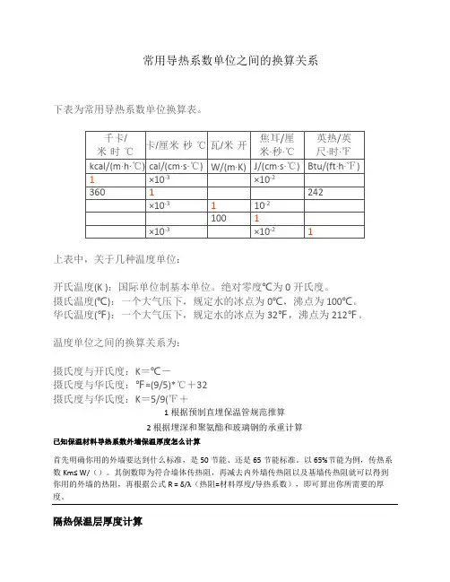 常用导热系数单位之间的换算关系
