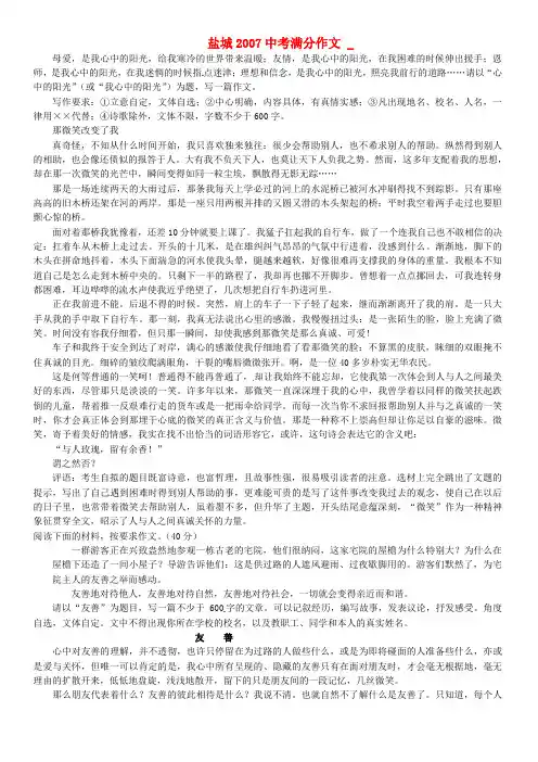 江苏省新沂市钟吾中学中考语文专项复习系列 盐城2007中考语文满分作文 新人教版