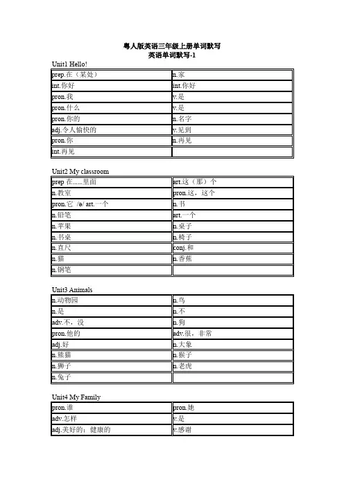 单词默写表(知识清单)-2023-2024学年粤人版英语三年级上册