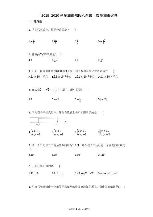 湖南邵阳市2019-2020学年八年级上学期期末考试数学试卷(有答案)