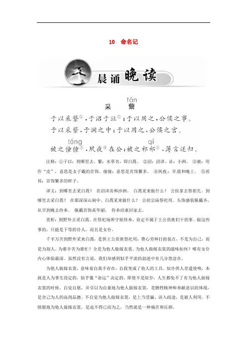 高中语文 10命名记学案 粤教版选修《中国现代散文选读》