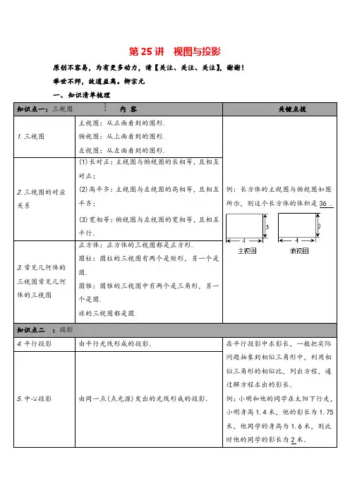 人教版数学中考知识点梳理-视图与投影