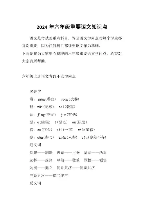2024年六年级重要语文知识点