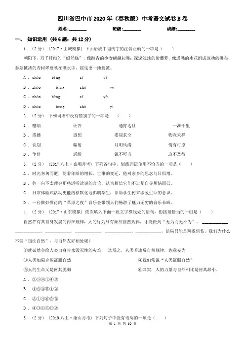 四川省巴中市2020年(春秋版)中考语文试卷B卷