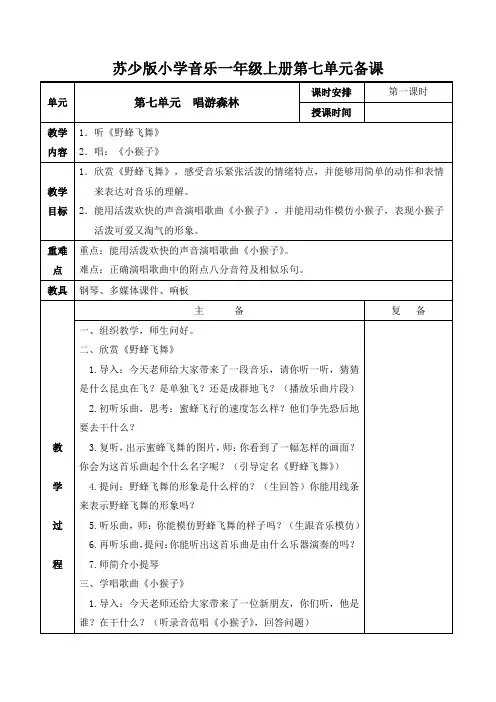 一年级上册音乐教案-第七单元  唱游森林 第一课时 苏少版