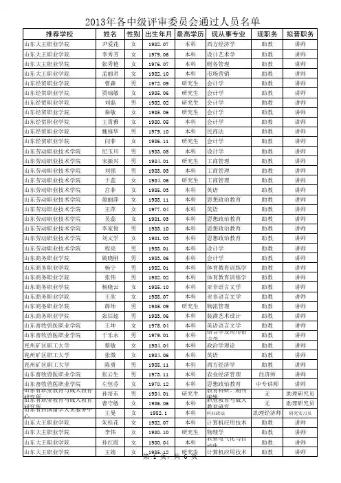2013年各中级评审委员会通过人员名单