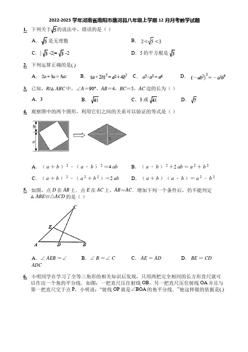 2022-2023学年河南省南阳市唐河县八年级上学期12月月考数学试题