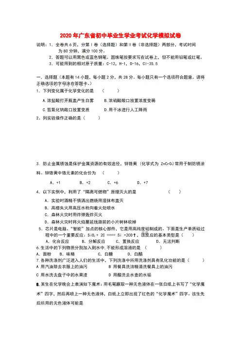 广东省2020届九年级学业模拟考试化学试题