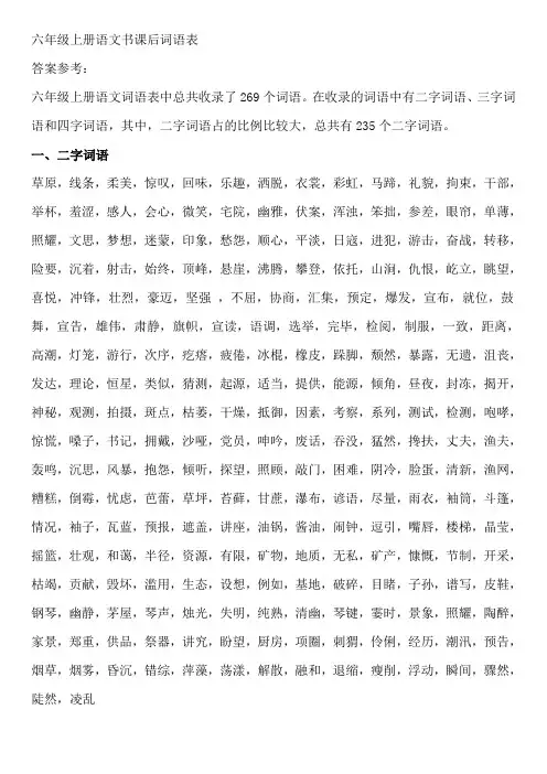 六年级上册语文书课后词语表