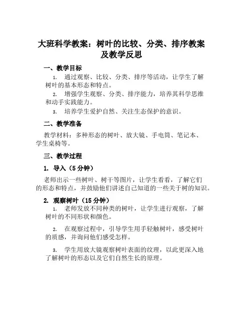 大班科学教案树叶的比较、分类、排序教案及教学反思