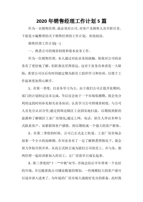 销售工作计划 2020年销售经理工作计划5篇
