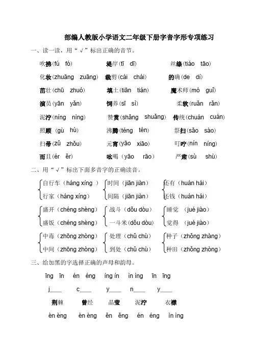 统编-部编人教版小学语文二年级下册字音字形专项练习