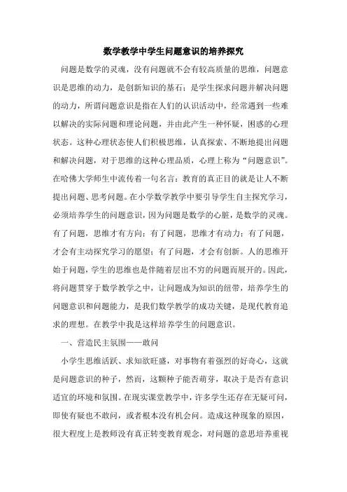 数学教学中学生问题意识培养论文