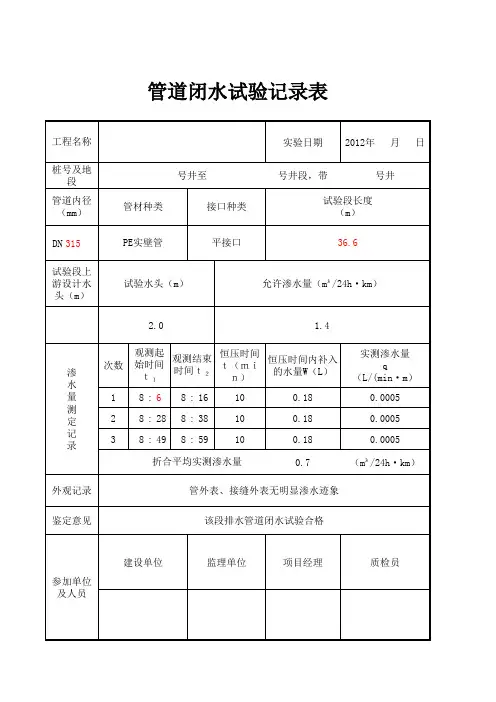 001-GD2.5.12 无压力管道严密性验收记录(闭水试验报验表、隐蔽、旁站记录、自动计算公式)