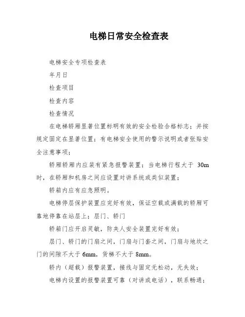 电梯日常安全检查表