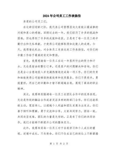 2024年公司员工工作表扬信